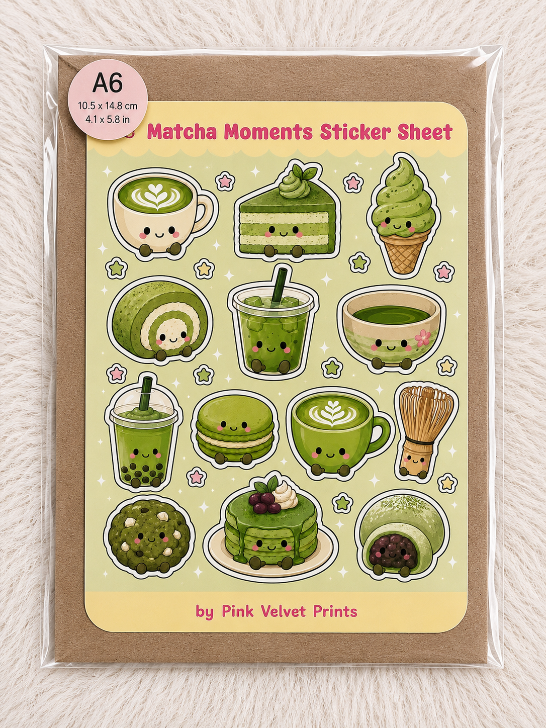Matcha Moments Sticker Sheet | A6 Kawaii Matcha Stickers | Cute Matcha Latte, Desserts & Boba Tea Stickers