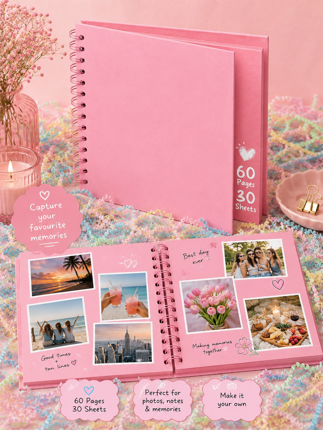 8-Inch Pink Spiral Scrapbook Album – 30-Page Photo Memory Book
