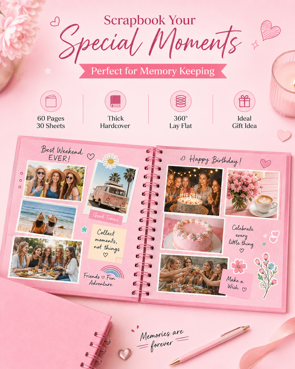 8-Inch Pink Spiral Scrapbook Album – 30-Page Photo Memory Book