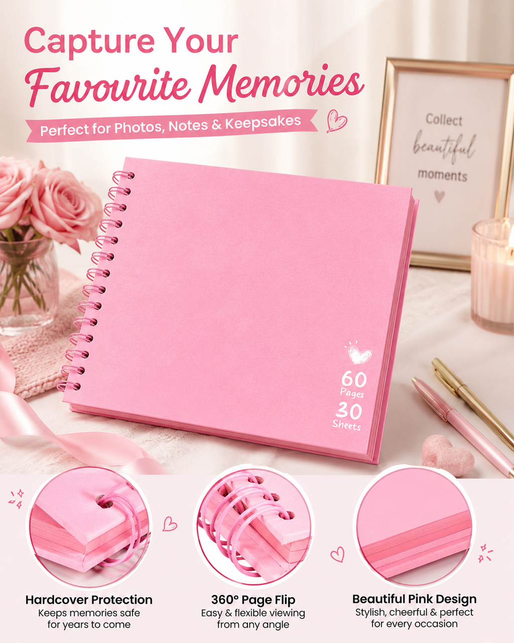8-Inch Pink Spiral Scrapbook Album – 30-Page Photo Memory Book