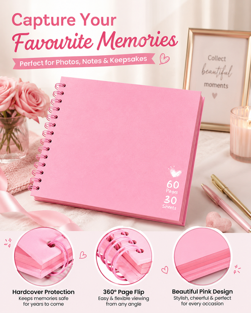 8-Inch Pink Spiral Scrapbook Album – 30-Page Photo Memory Book